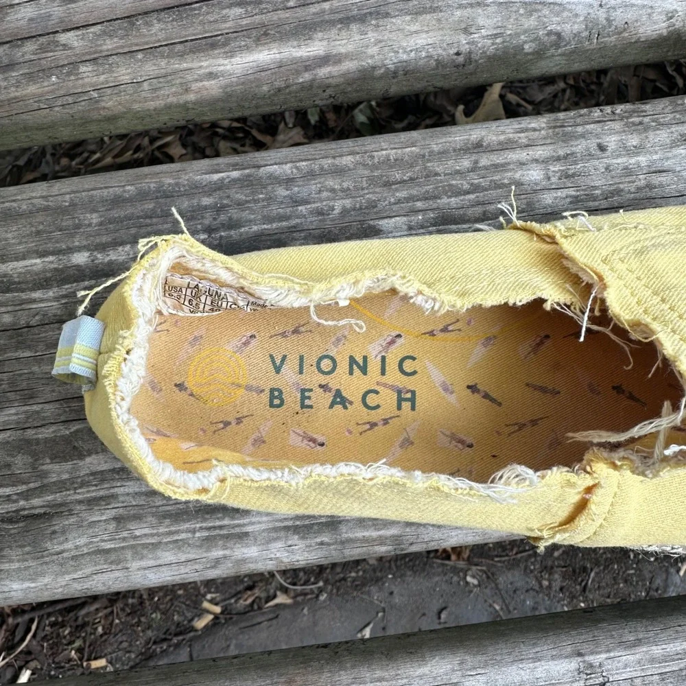 Vionic Beach Laguna Sun Yellow Canvas Frayed Espadrille Slip On Sneakers Sz 8.5